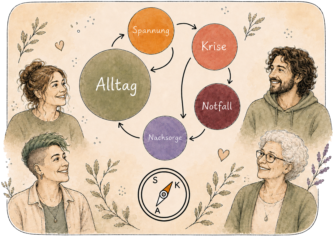 Illustration zum Recovery-Kompass mit Alltag, Spannung, Krise, Notfall und Nachsorge sowie vier Personen.