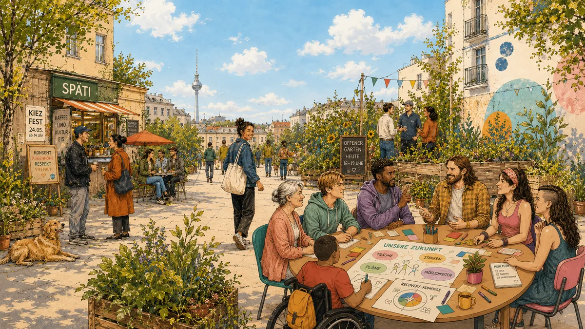 Illustration: ein belebter Berliner Kiez mit Späti, offenem Garten und Fernsehturm; im Vordergrund planen vielfältige Menschen – darunter eine Person im Rollstuhl – an einem runden Tisch gemeinsam ihre Zukunft mit dem Recovery-Kompass.