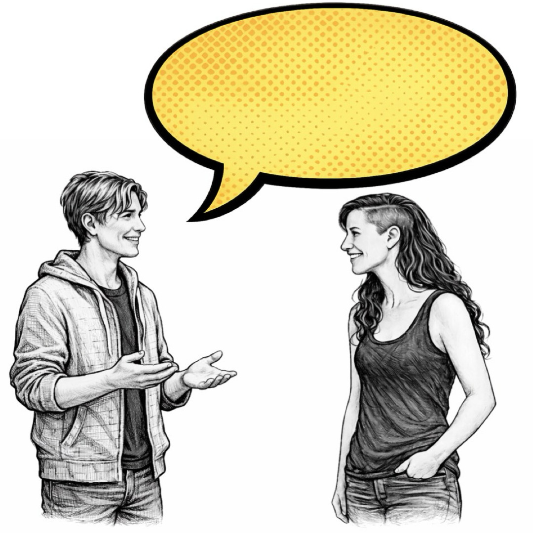 Two people in conversation at eye level
